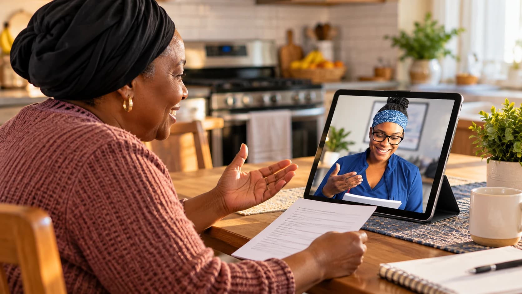 A patient at her kitchen table reviewing discharge instructions with Francesca Prophete, RN, by video