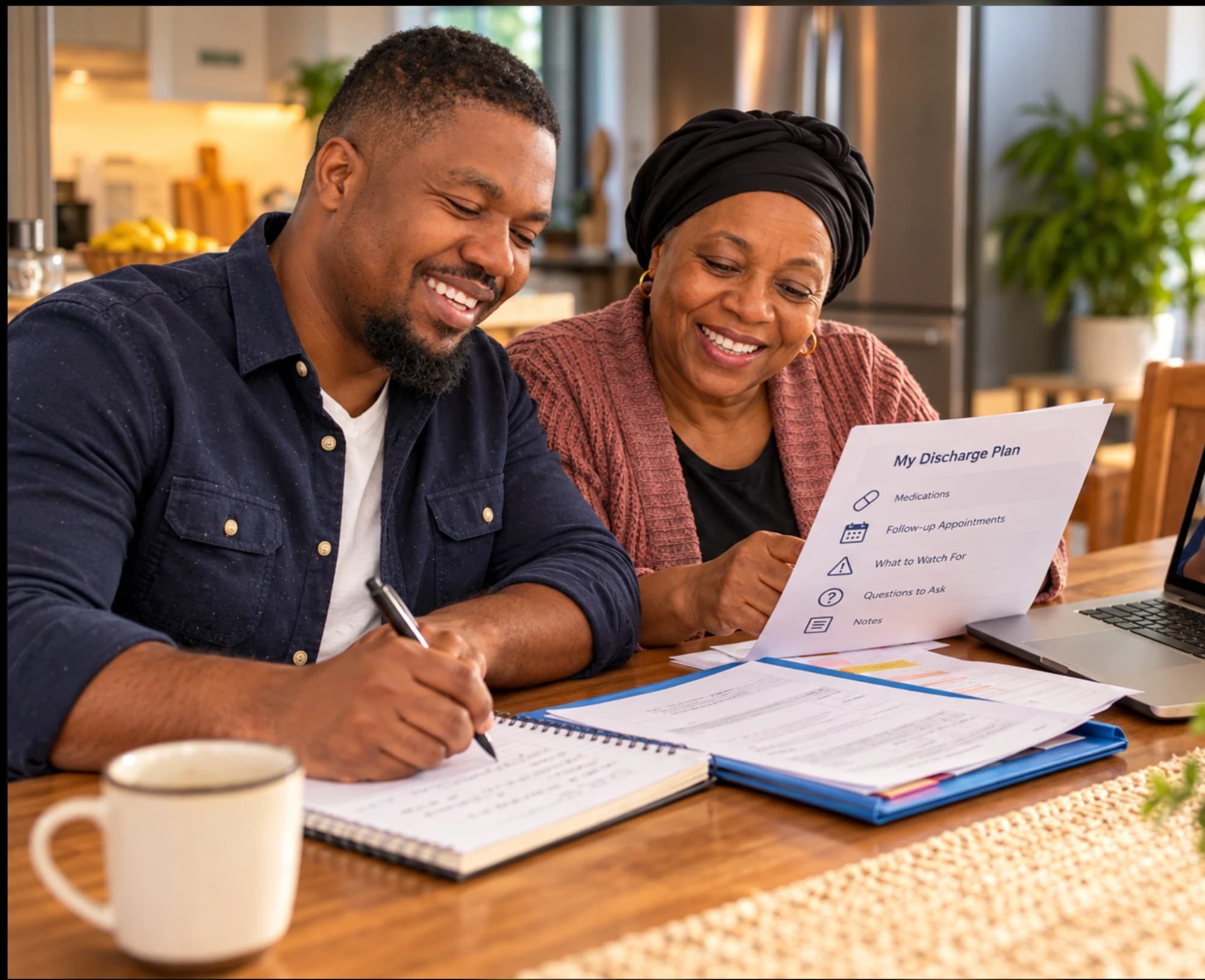 A son helping his mother go through her discharge plan at the kitchen table, notebook and laptop open