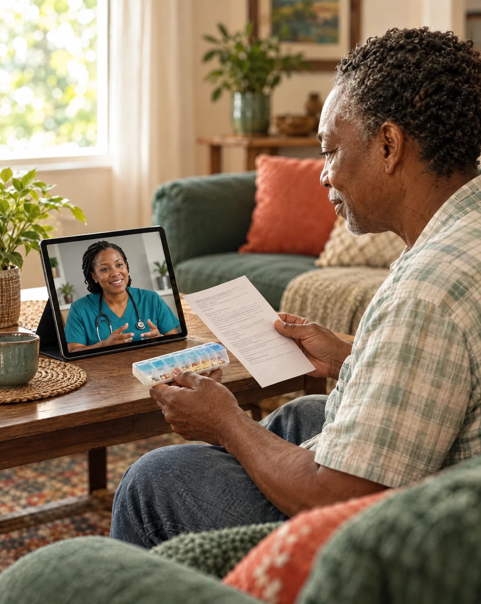 A man at home reviewing his discharge instructions and pill organizer on a video call with a nurse