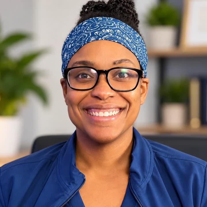 Francesca Prophete, RN, in navy scrubs, smiling at the camera